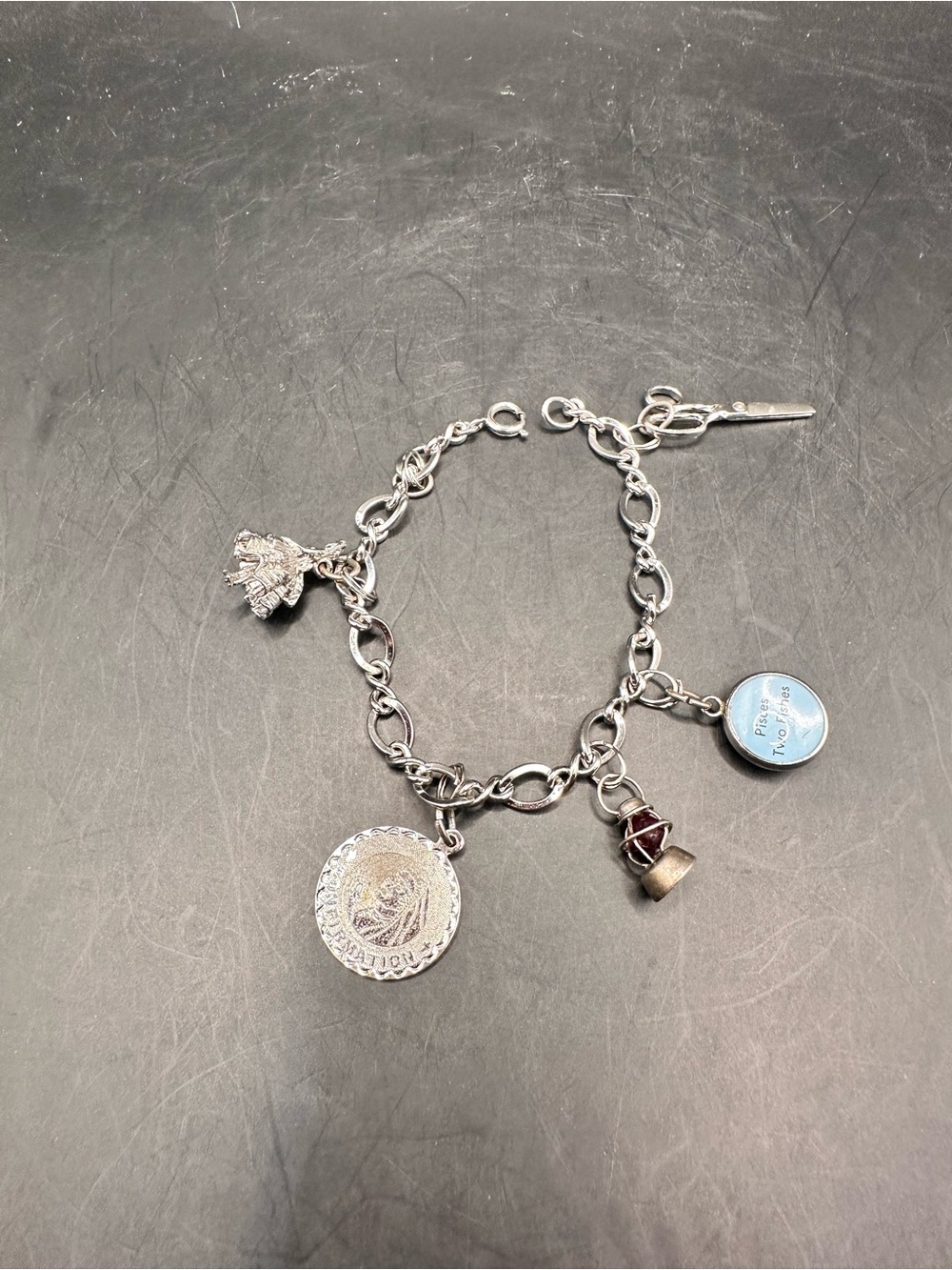 Vintage Sterling Silver Charm Bracelet Pisces Zodiac 6.5"